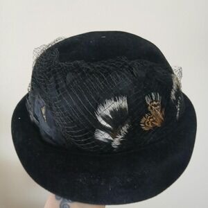 Vintage 50s black velvet bowler‎ shaped percher hat
